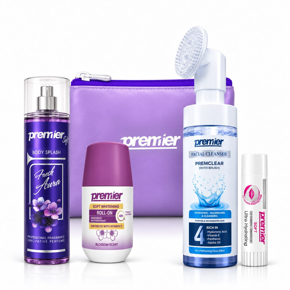 Cleanser + splash fresh aura +blossom roll on+ lip balm +bag